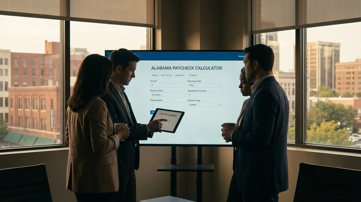 Alabama Paycheck Calculator concept showing tax forms and calculator