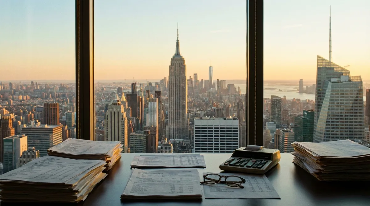 New York City skyline with financial documents representing NYC income tax