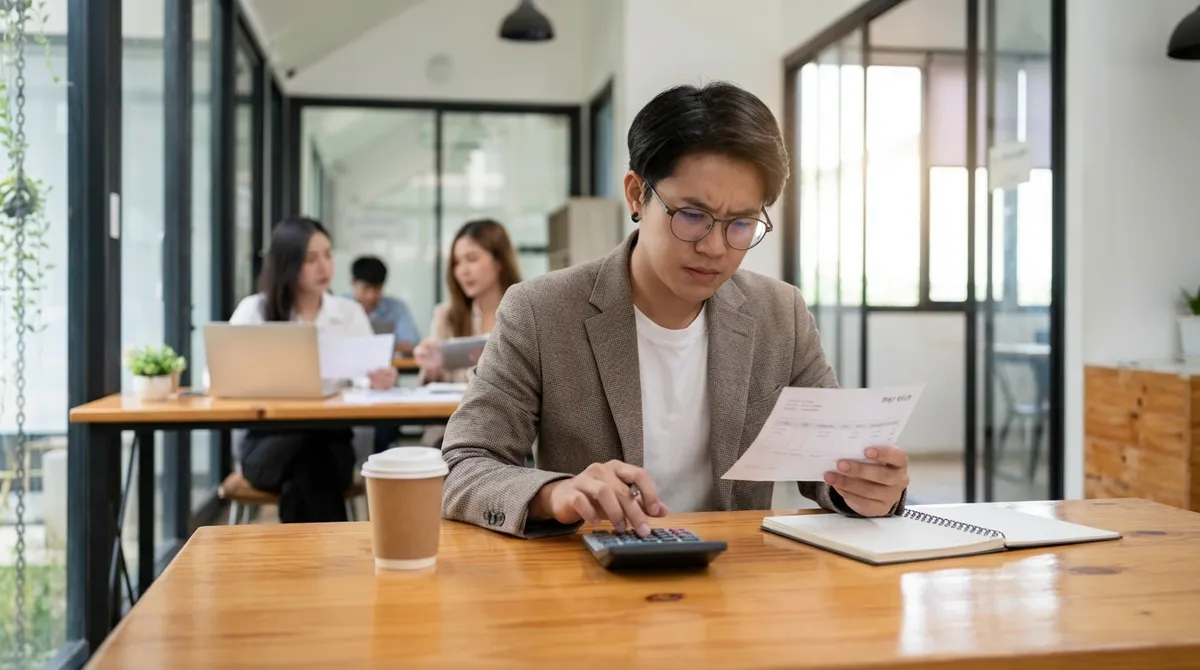 Person analyzing their pay stub and calculating take home pay