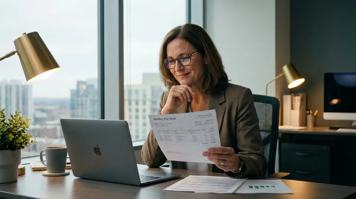Professional reviewing a weekly pay stub and financial documents